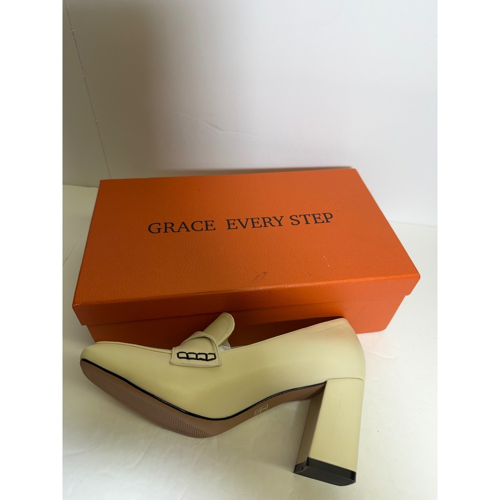 Grace Every Step Womens Cream Block Heel Loafers Square Toe Pumps Size 6 EU 36 - Picture 3 of 8